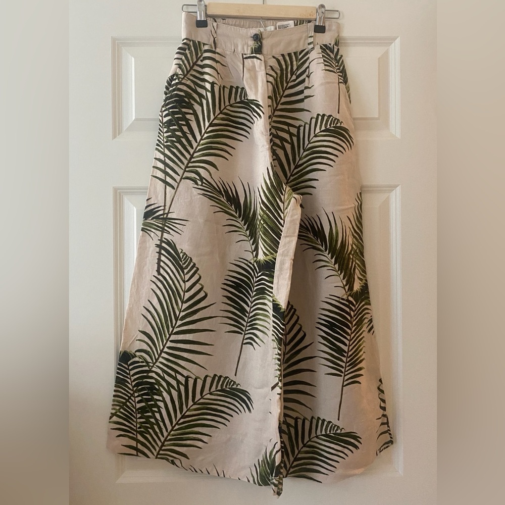 H&M Pleated Ultra Wide Leg Pants Size 4 Linen Blend Palm Leaf Print 🌴 Very Chic